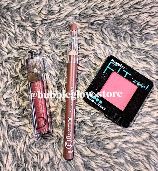 "Radiant Glow Beauty Trio" β Blush, Liner & Gloss.