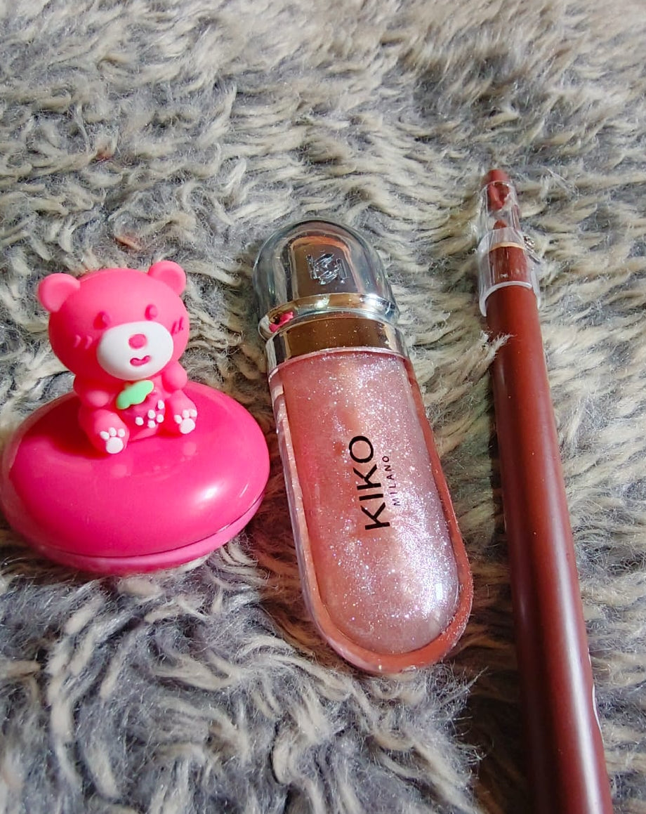 "Hydrating Lip Trio – Kiko Gloss, Flormar Lip Pencil & HudaMoji Lip Mask"
