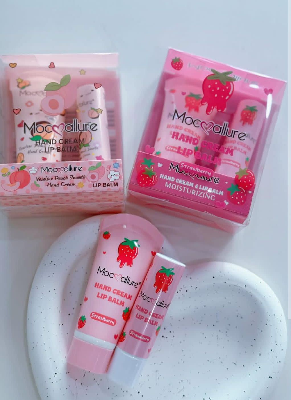 Mocmallure Strawberry Hand Cream & Lip Balm Set – Soft, Sweet & Nourishing Duo