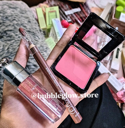 "Radiant Glow Beauty Trio" – Blush, Liner & Gloss.