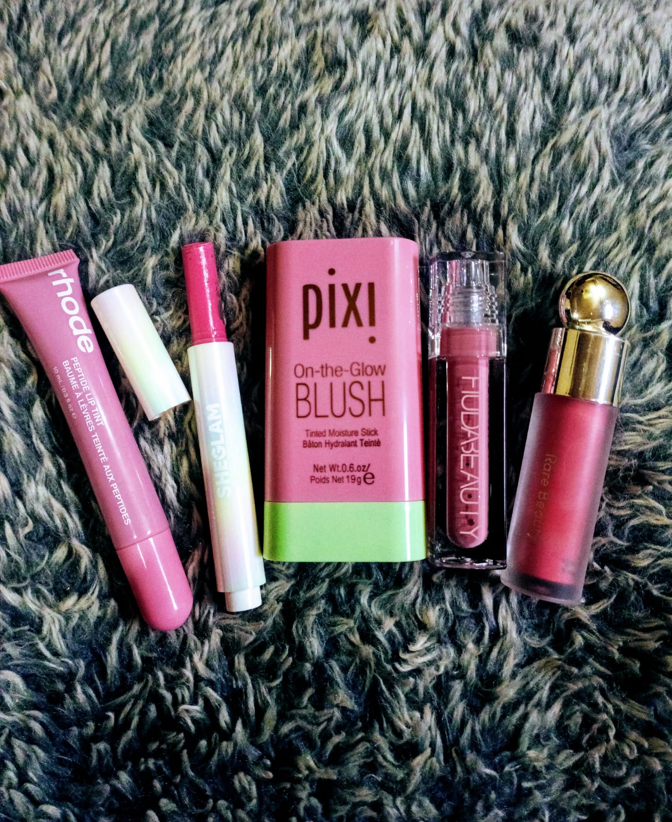 Pink Deal Set – Pixi Stick Blush, Rhode Lip Peptide Tint, Huda Beauty Fauxfiller, Rare Beauty Liquid Blush & Sheglam Lip Plumper