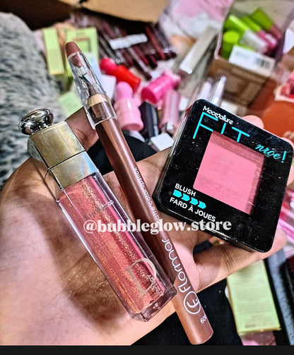 "Radiant Glow Beauty Trio" – Blush, Liner & Gloss.